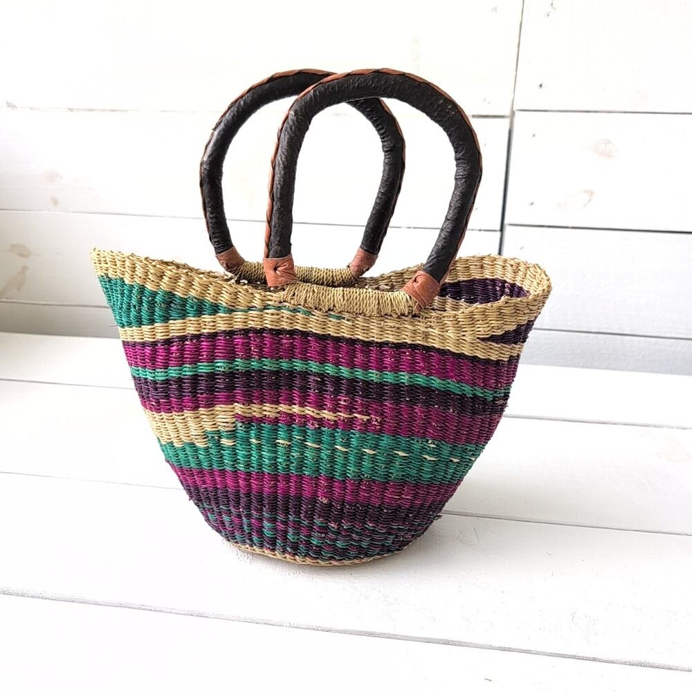 Handmade African Bolga Woven Multicolor Mini Market Basket/Handbag